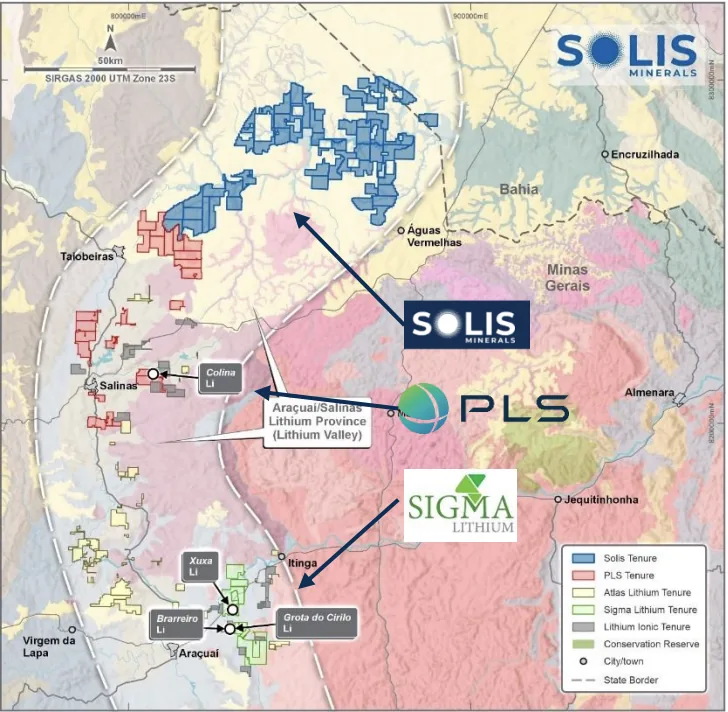 Tenure map of the Aracuai Salinas lithium valley: Sigma at Aracuai in the south, PLS at Colina near Salinas, Solis ground to the northeast