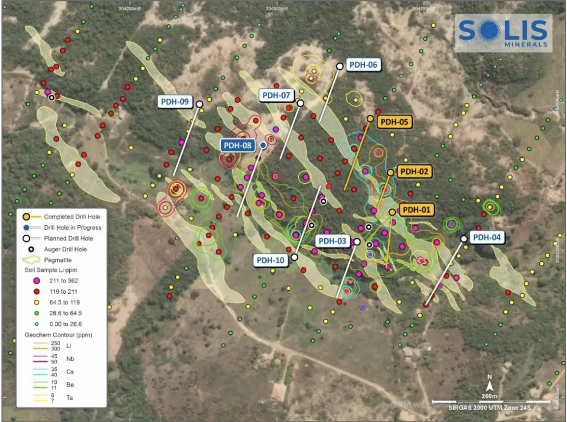 SLM drill plan: ten collar positions over lithium and caesium soil geochemistry and mapped pegmatites at Mandacaru