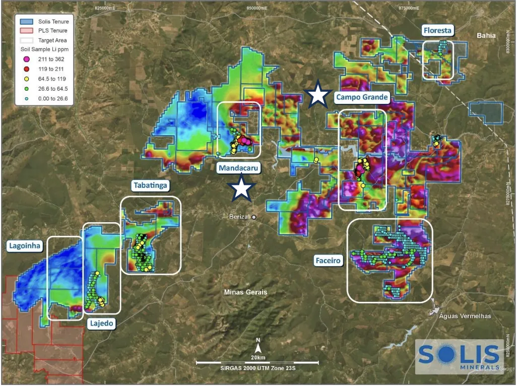 SLM seven targets on district magnetics with soil lithium results