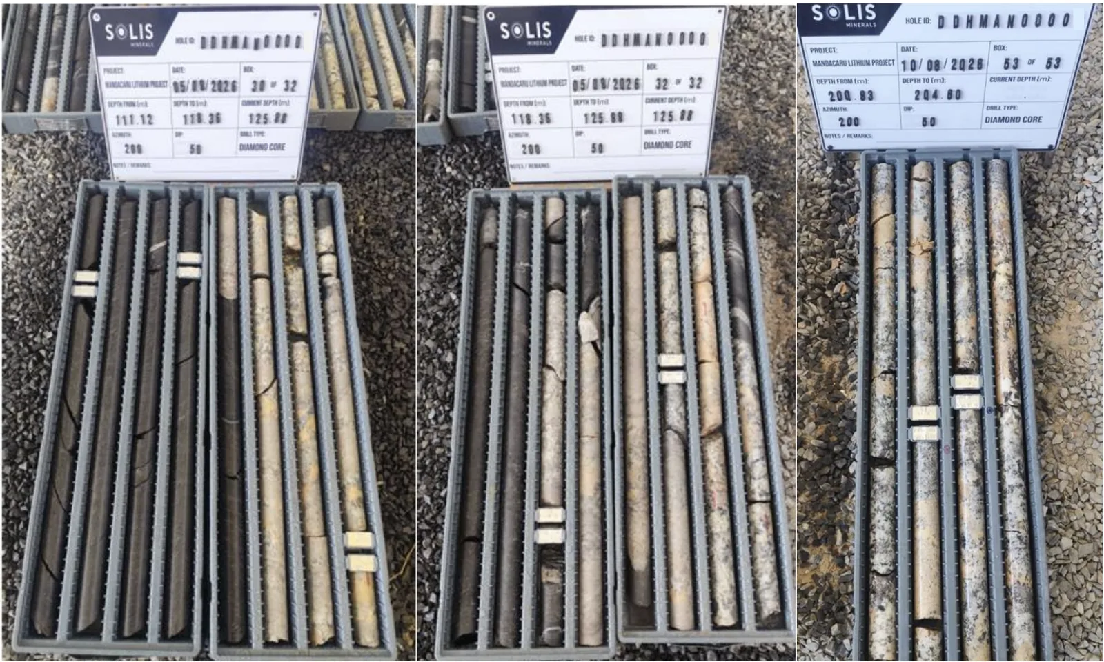 PDH-05 diamond core plates showing pale pegmatite runs and hole metadata boards