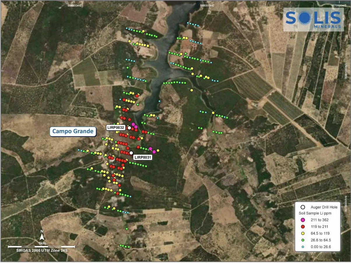Campo Grande north south lithium soil corridor beside a reservoir with auger holes LIRP0031 and LIRP0032