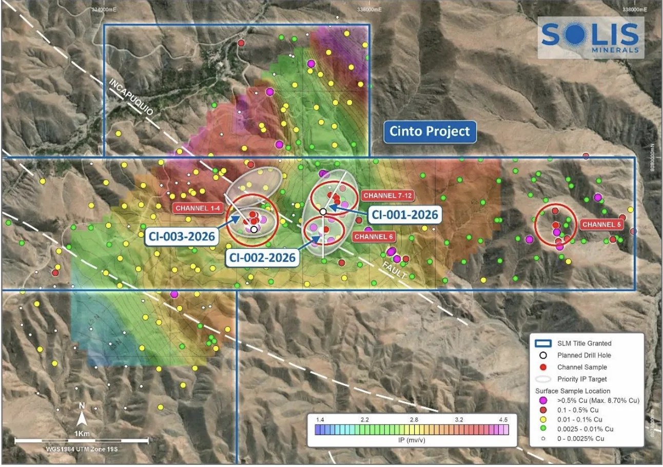 Cinto IP chargeability map with the first three drill holes on channel sample zones